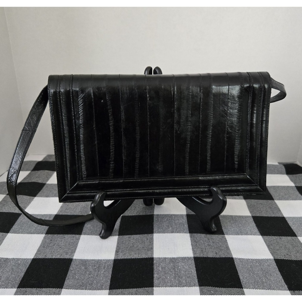 Women's Genuine Eel Skin Handbag Purse Black Snap Close
